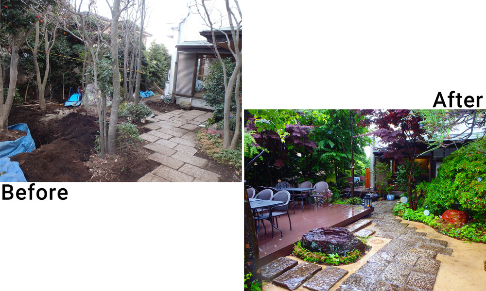 顧客はお蕎麦屋さんです。屋外にデッキのある、和風の庭を作りました。前と後の写真です。